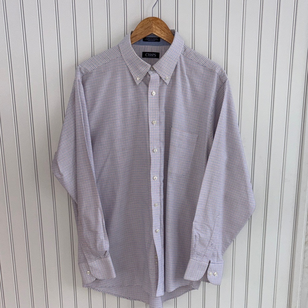 EUC Chaps Men's Blue & Orange Checkered Flannel Dress Shirt - 17-17.5 34/35